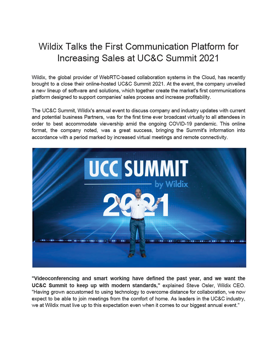 UCC Summit 2021 Press Release: Wildix Talks the First Communication Platform for Increasing Sales at UC&C Summit 2021